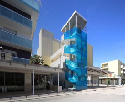 blue glass stairs