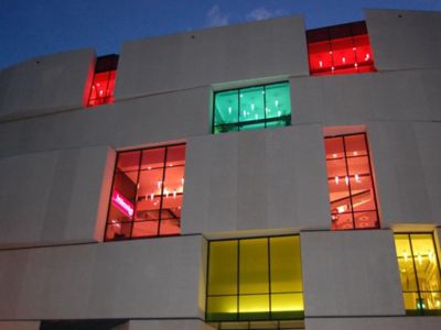 colored windows at the grey facade building