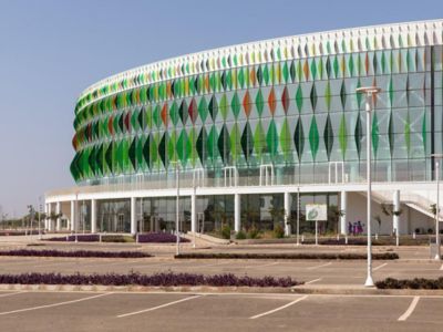 green colored facade of a stadium