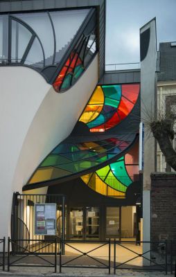 school building in France with colorful glass facade