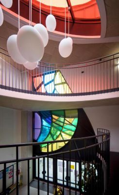 school building in France with colorful glass facade