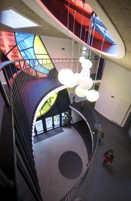 school building in France with colorful glass facade