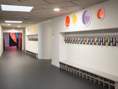 school building coridor with colorful windows