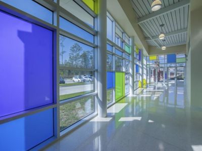 School facade with different colors