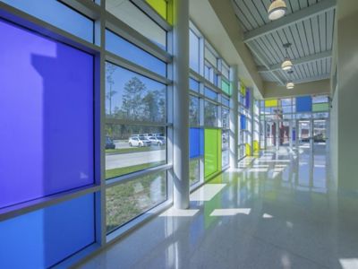 School facade with different colors