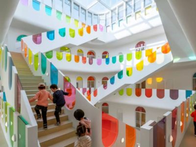 colorful staircase with kids