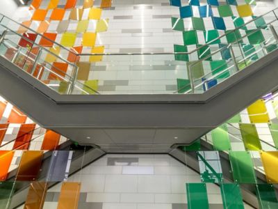 colorful squares in the middle of staircases