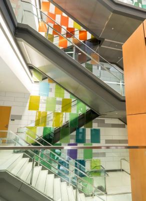 colorful squares in the middle of staircases