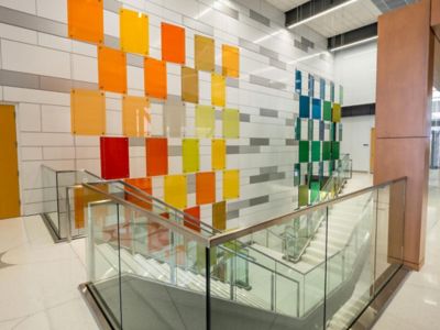 colorful squares in the middle of staircases