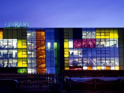 colored glass library facade