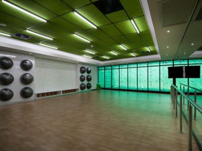 colorful green partitions in the fitness center