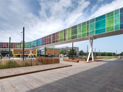 colorful glass facade hallway of the building