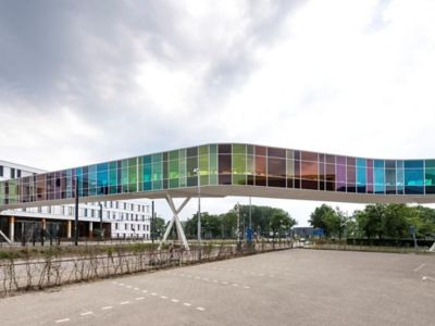 colorful glass facade hallway of the building