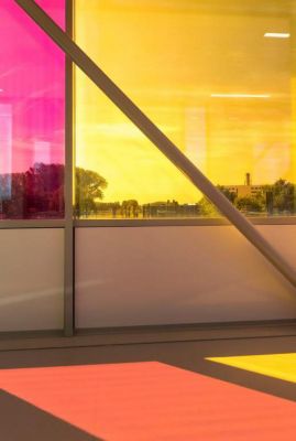 colorful glass facade hallway of the building