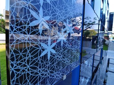 blue colored glass facade