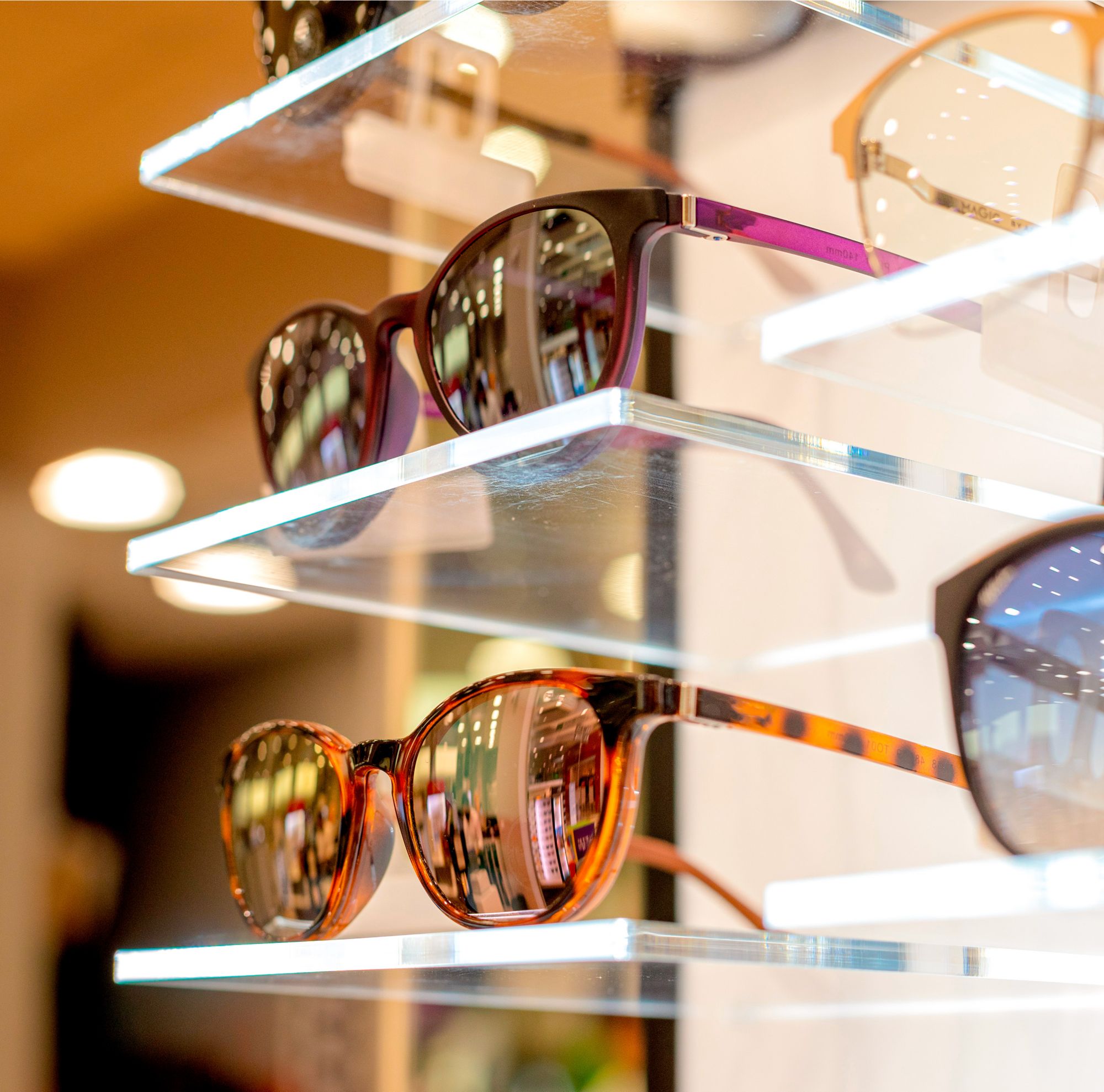 A selection of glasses and sunglasses displayed on a retail shelf. 