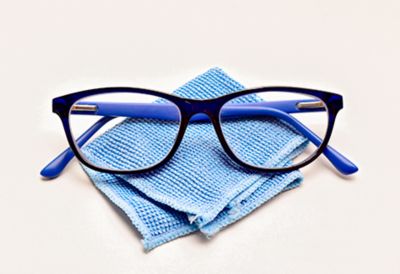 Black eyeglasses resting on a light blue microfiber cloth. 