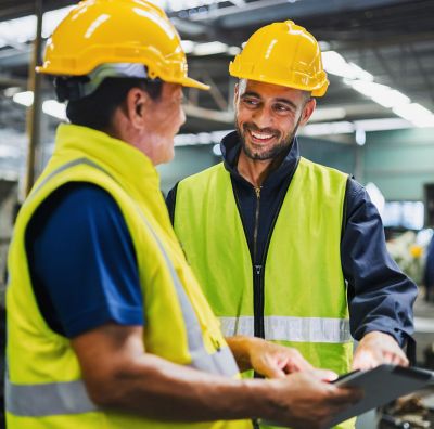 Two men talk while wearing safety gear in an industrial plant. 