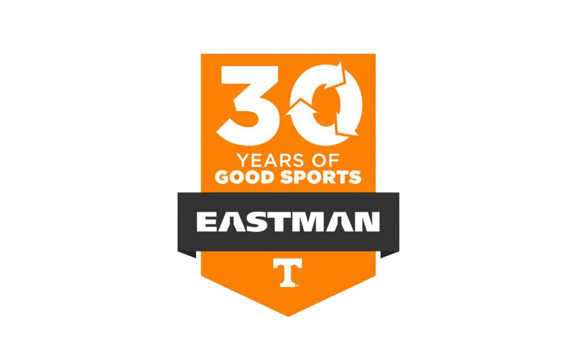 An orange logo for UT and Eastman's 30 Years of Good Sports recycling. 