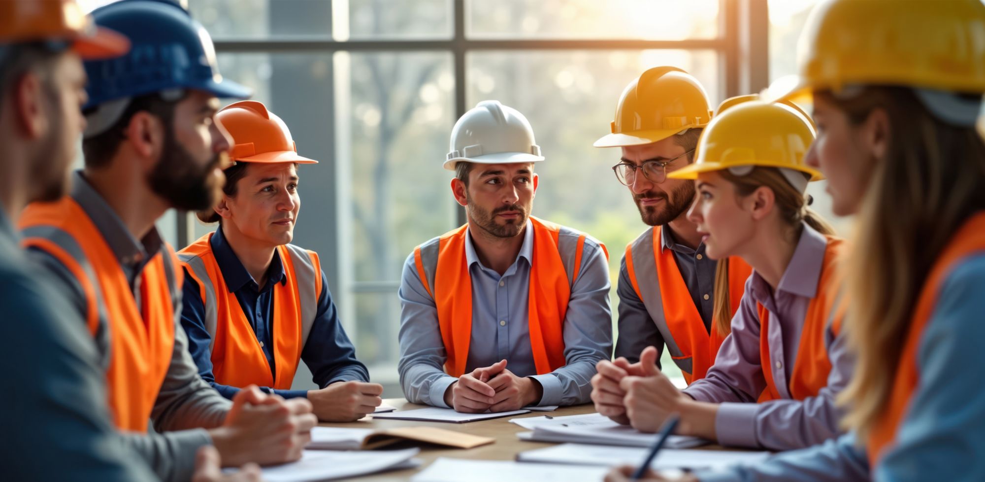 A group of engineers in a meeting. 