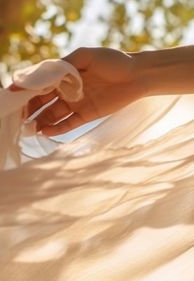 Light shines through the skirt of a flowing white dress held by a hand.