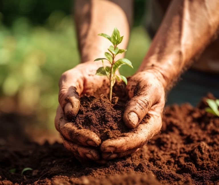A pair of hands cupping a small green plant with soil 