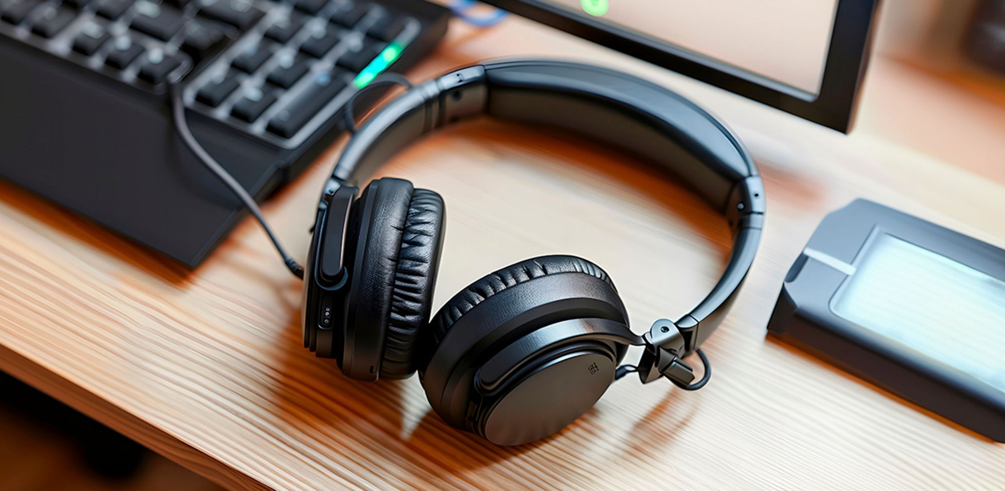 A headset rests on a surface next to a keyboard 