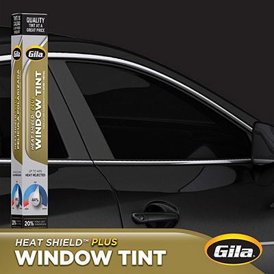 Gila® Heat Shield Plus 20% VLT Window Tint packaging in front of car