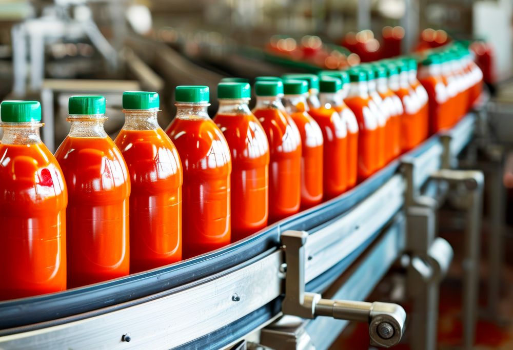 Conveyor belt of plastic bottles filled with hot sauce. 