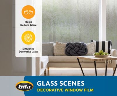 Feature graphic showing how Gila decorative film reduces glare and simulates textured glass.