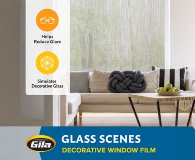 Feature graphic showing how Gila decorative film reduces glare and simulates textured glass.