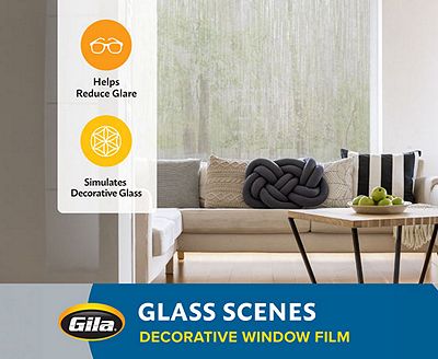 Feature graphic showing how Gila decorative film reduces glare and simulates textured glass.