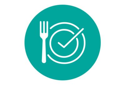 Icon of a fork next to a check mark indicating food contact safety of Eastman PET Renew.. 