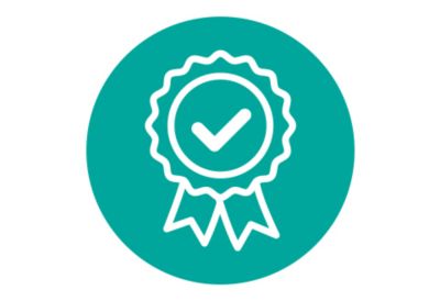 Ribbon with a check mark icon indicating quality of Eastman PET Renew.   
