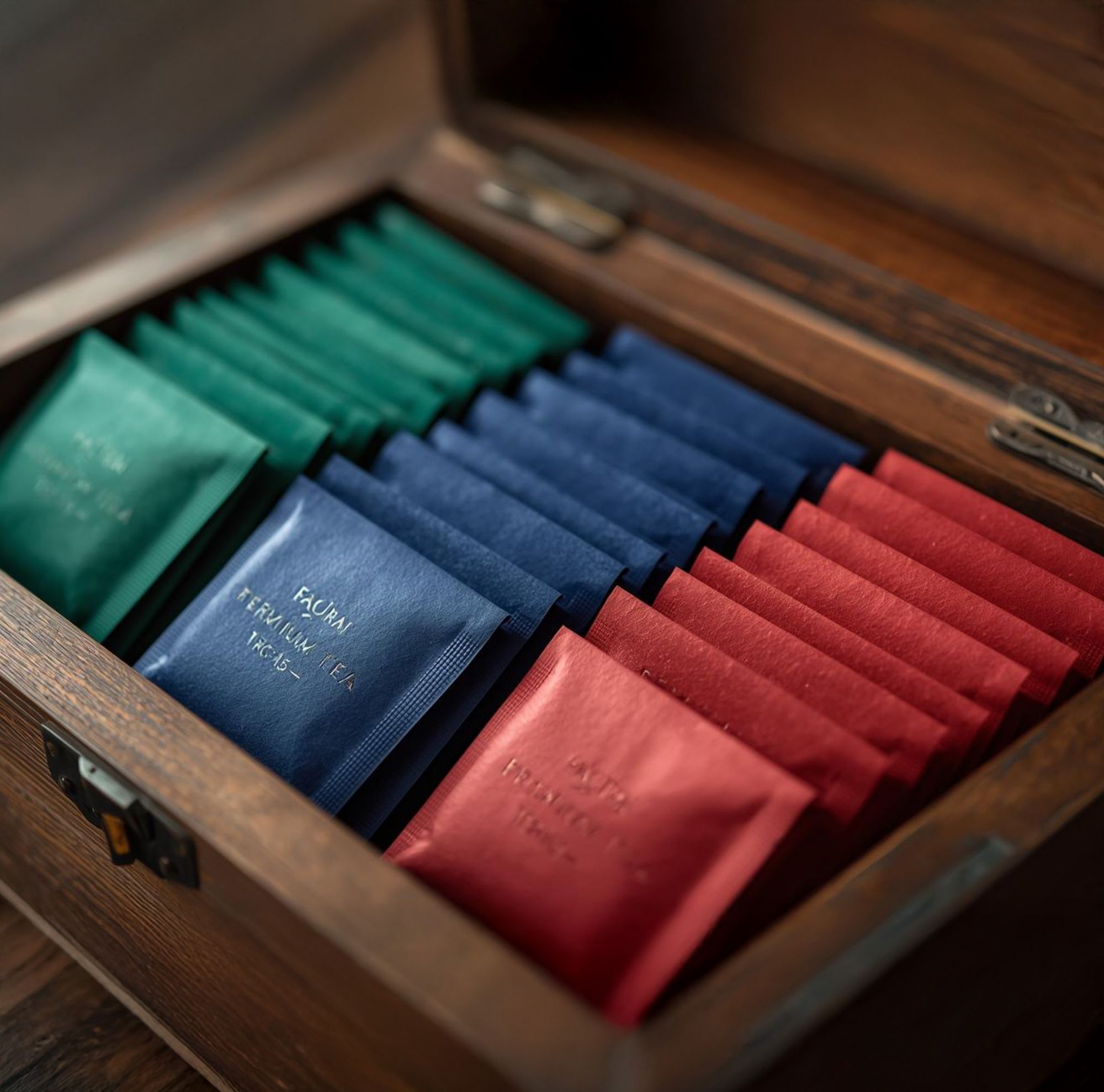Individually packaged tea bags displayed in a box. 