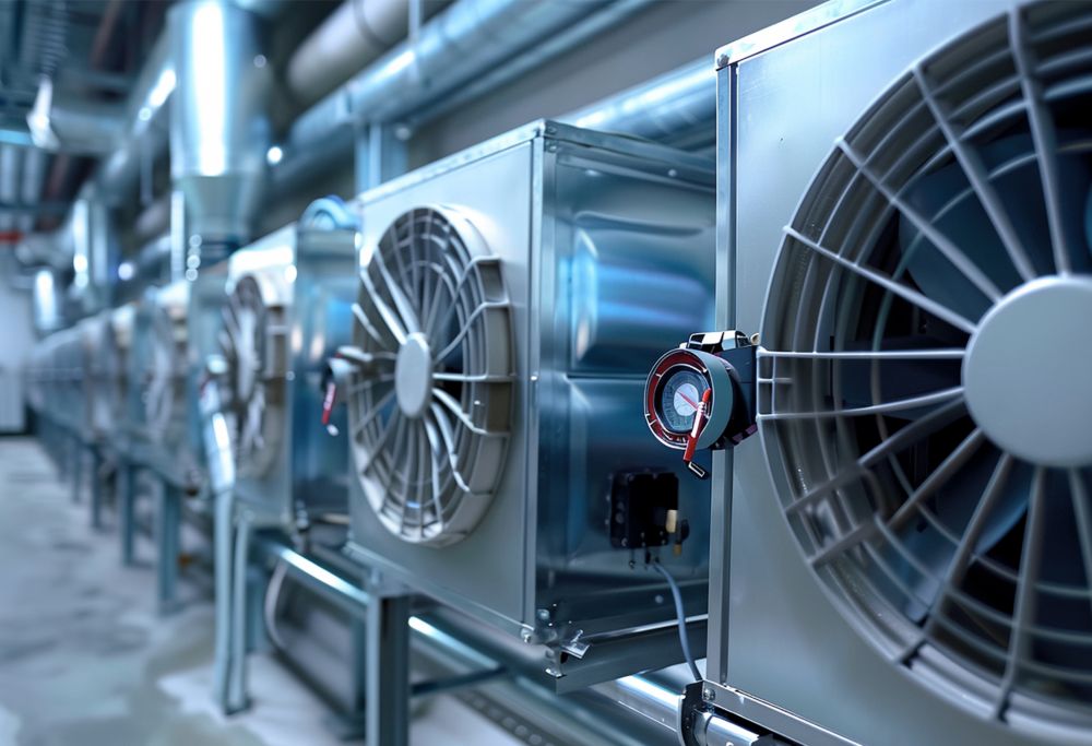 A row of industrial air conditioners.   