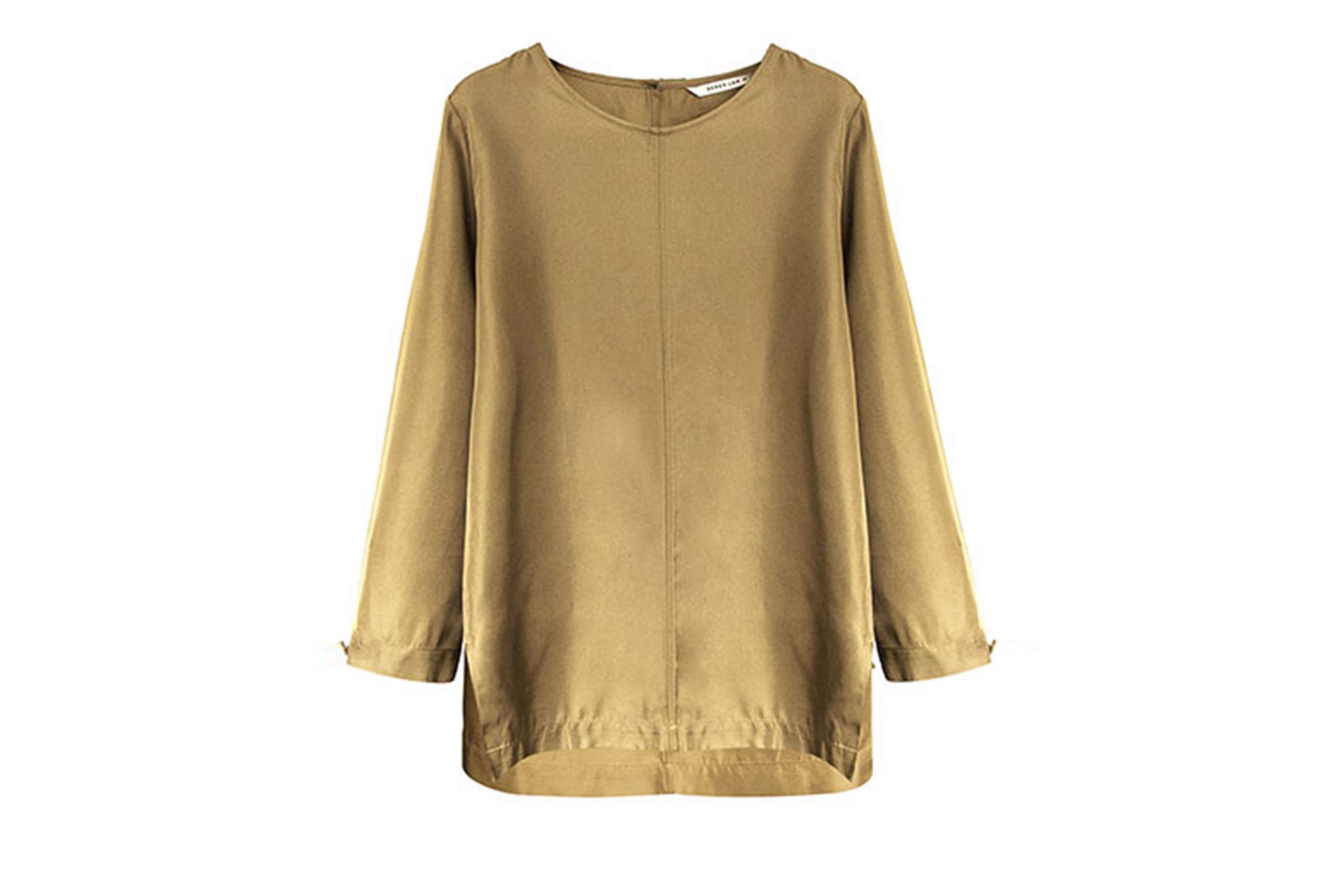 Isolated gold long sleeve blouse Derek Lam’s Naia™ collection made with 100% Naia™. 