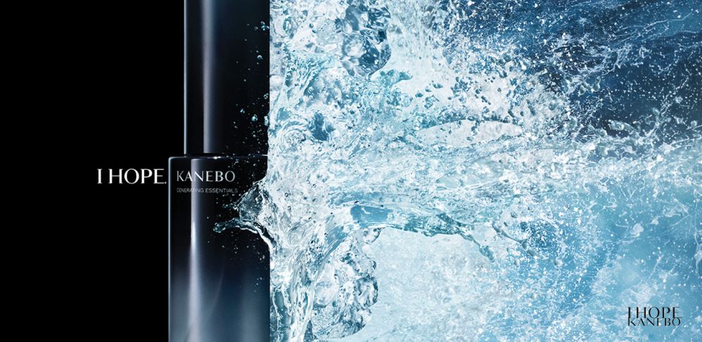 The KANEBO lotion bottle, featuring an overcap made with Cristal One IM812, alongside the words “I hope” and a splash of water.  