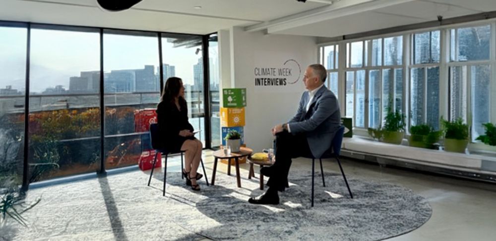 Eastman’s Chris Killian speaking with a CBS reporter during Climate Week in New York City.  
