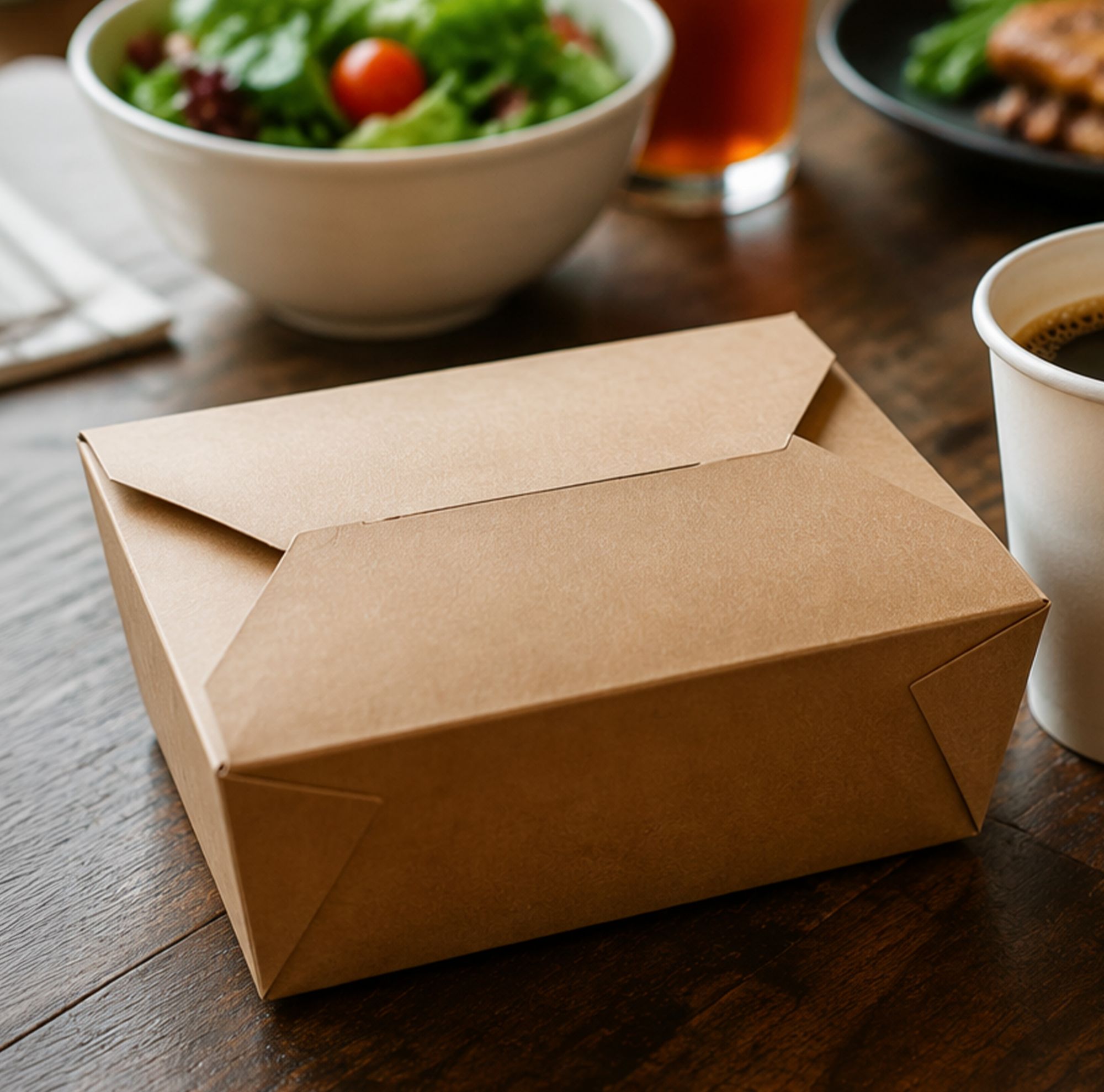 A brown paper clamshell takeout box beside a salad.   