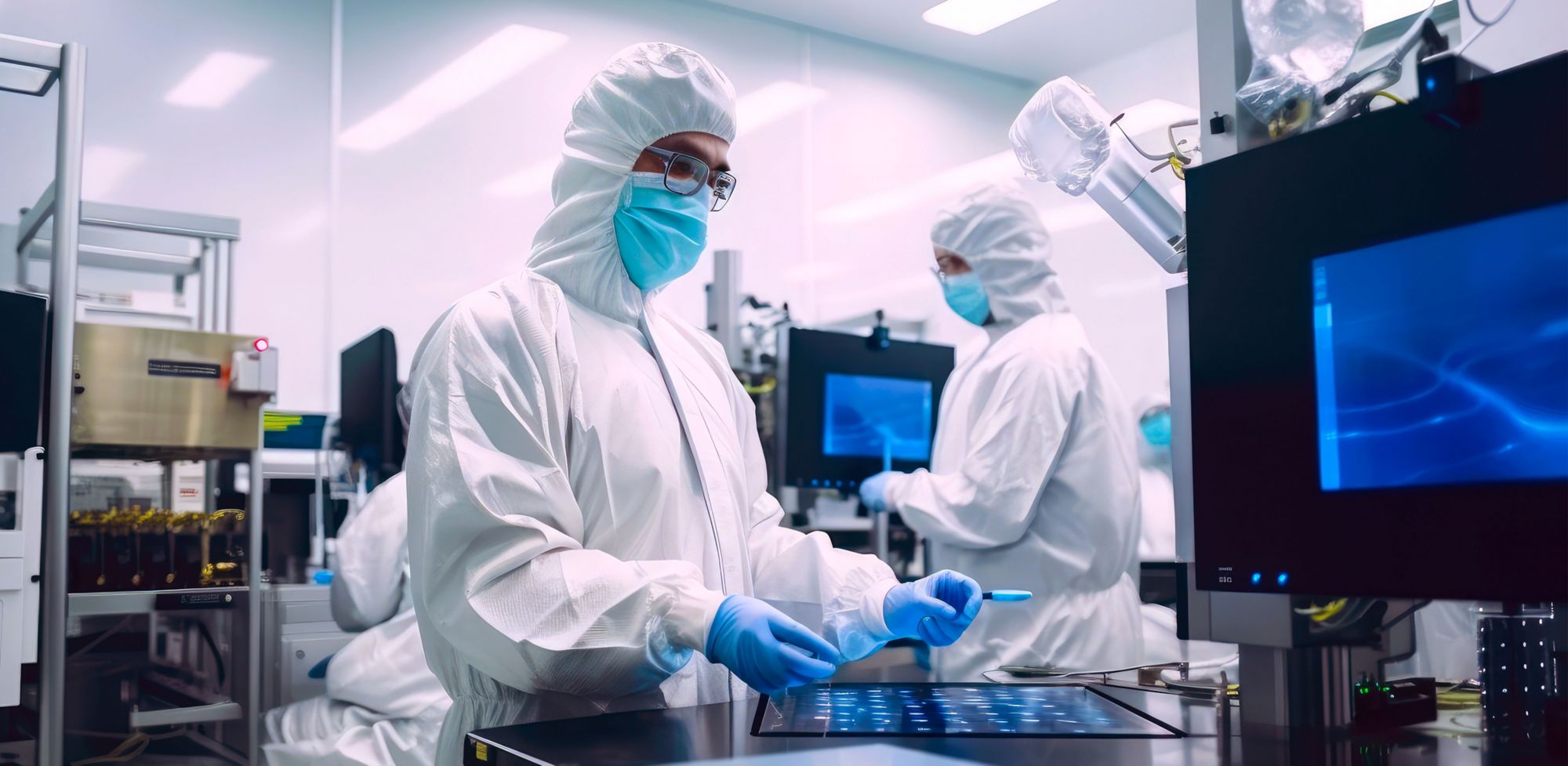 Technicians wearing personal protective equipment work in a clean room 