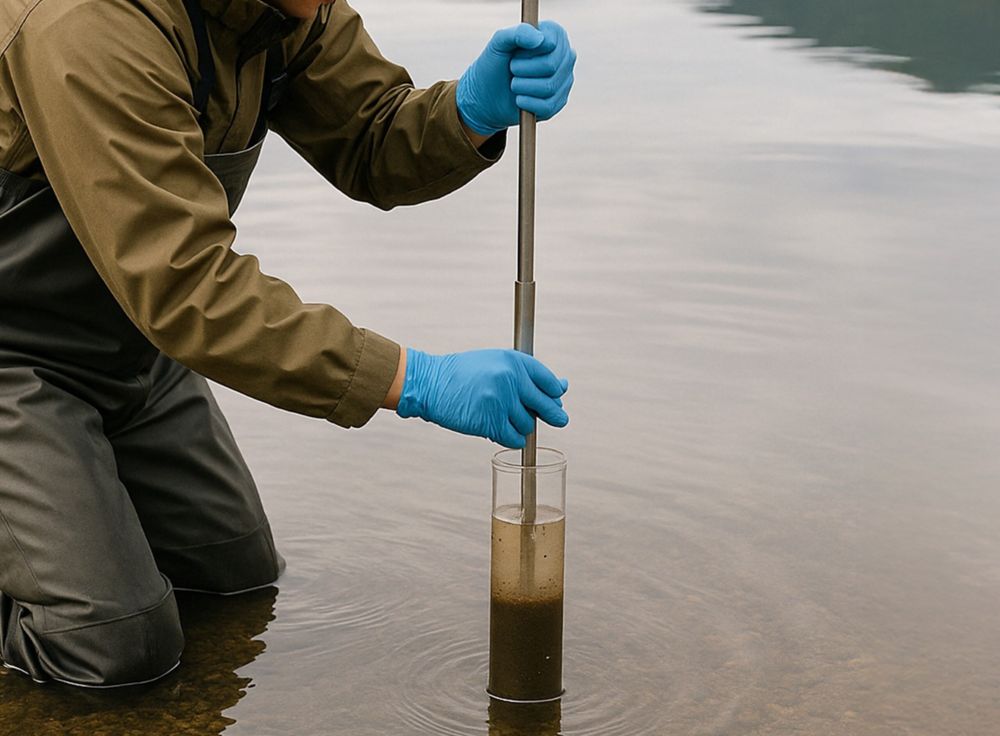 A person in a lake gathers water to sample.  