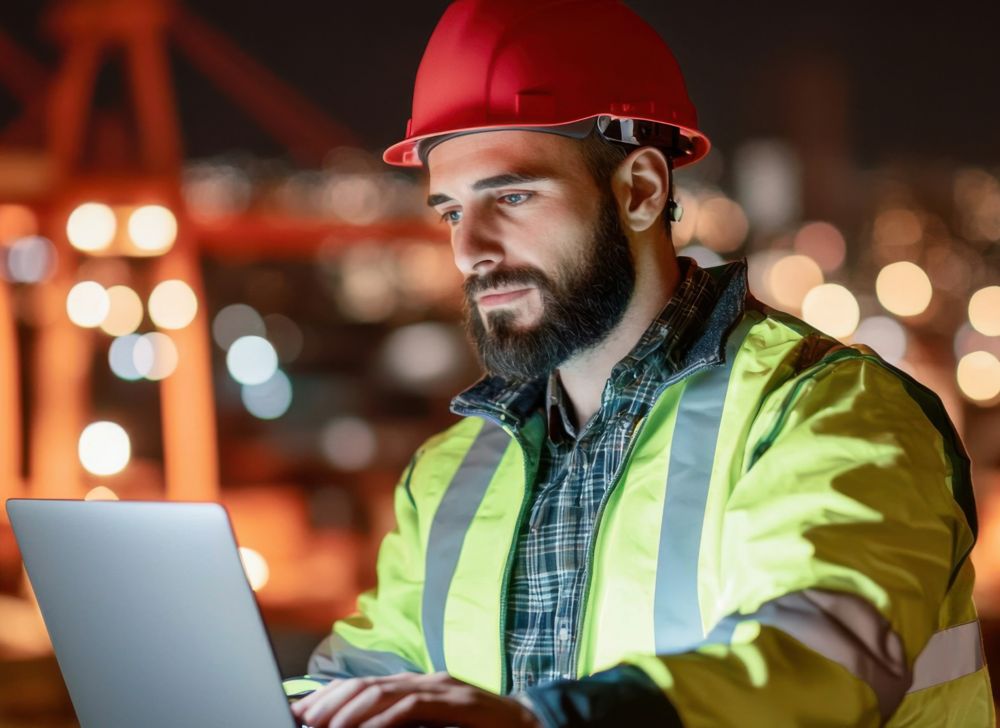Employee in PPE using a laptop.   
