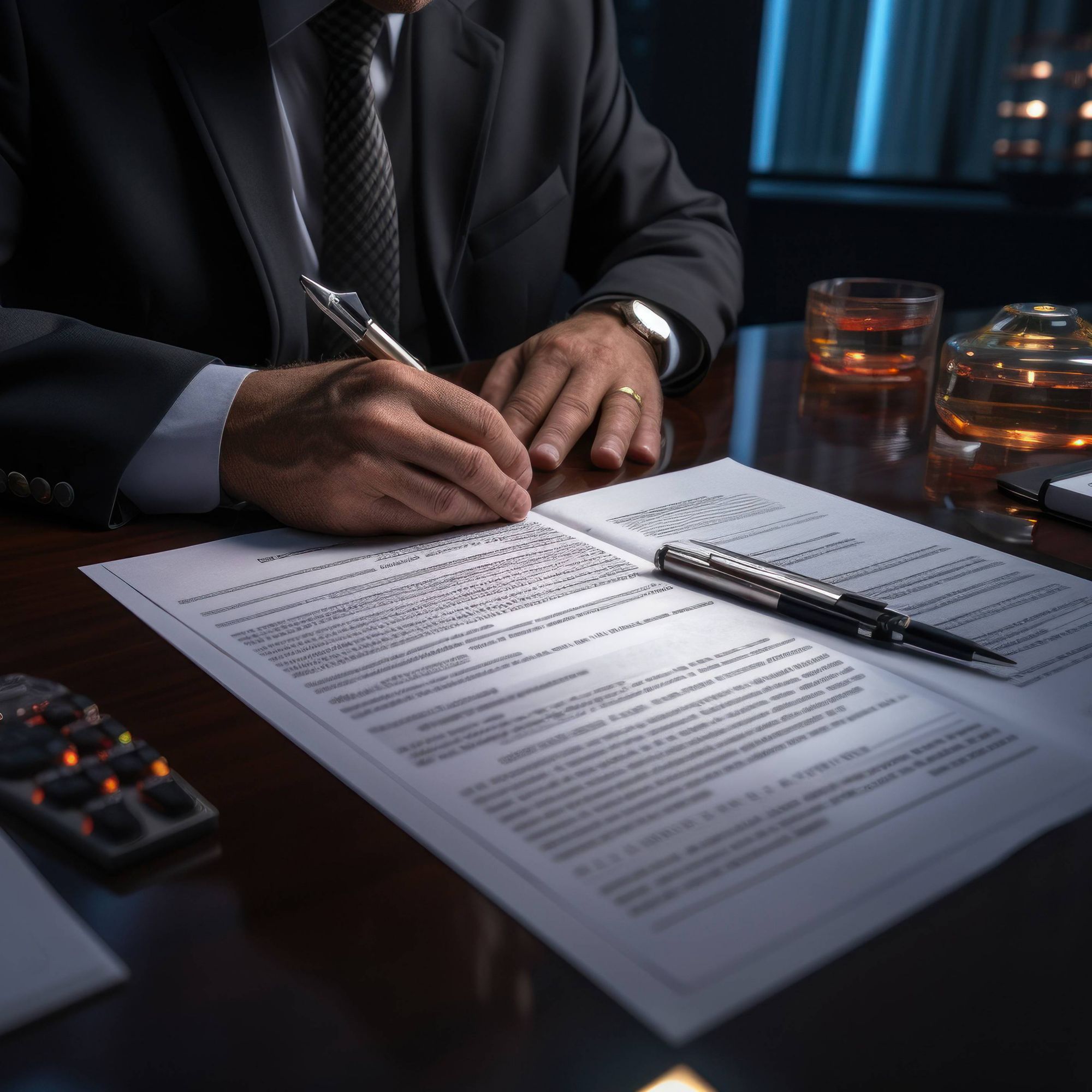 A lawyer reviews and signs legal documents. 