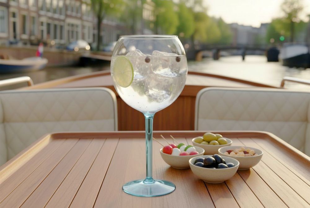 The long-stemmed gin tonic glass by HappyGlass is filled with ice, liquid and a lime slice.   