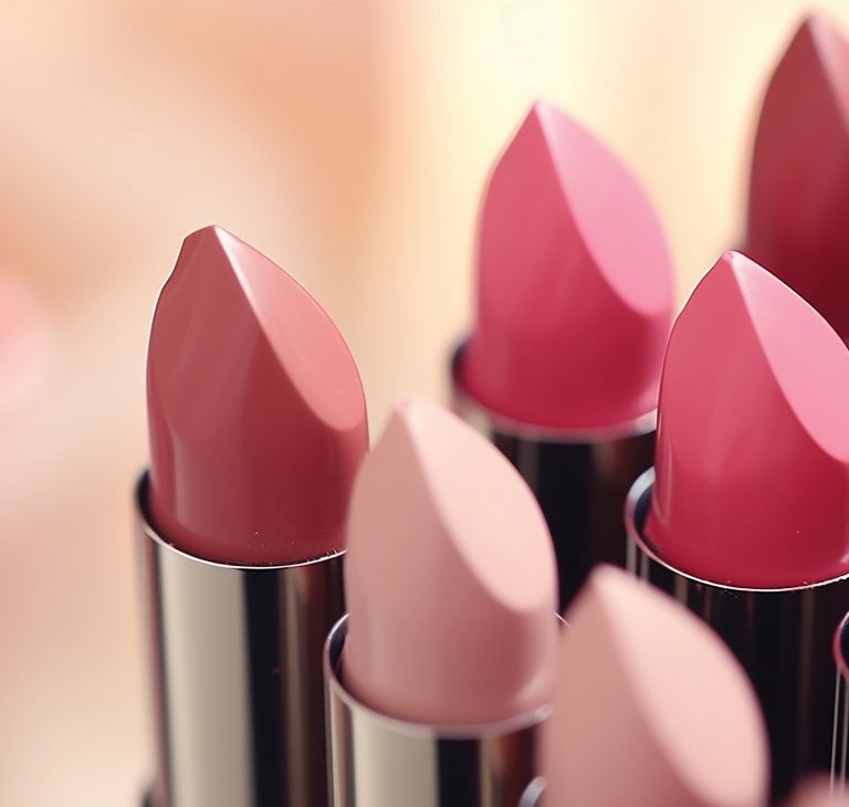 Close-up of six new lipsticks in various shades of pink. 
