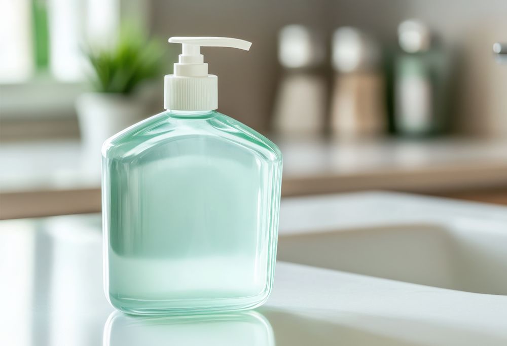 A bottle of liquid hand soap near the kitchen sink. 