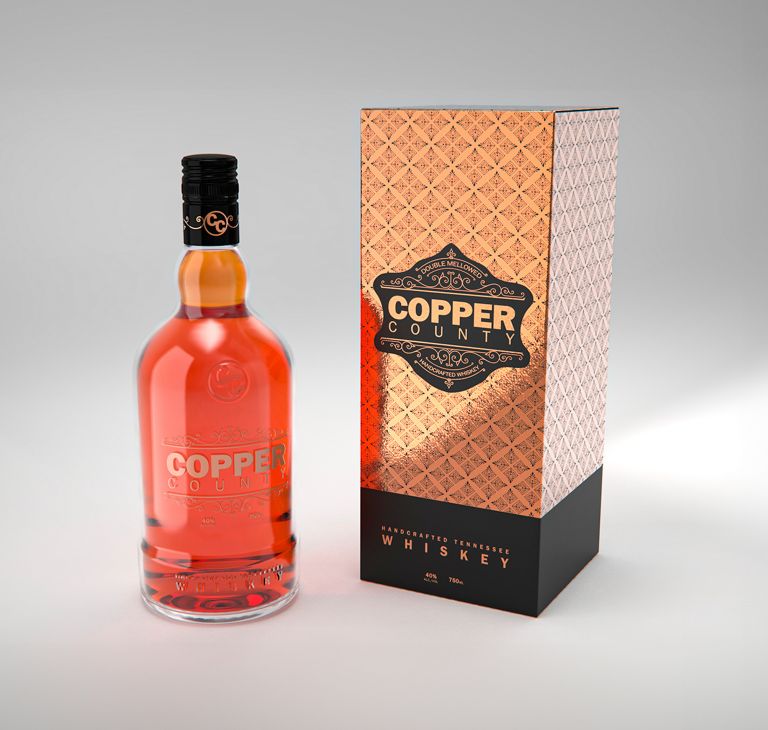 Whiskey packaging and bottle. 