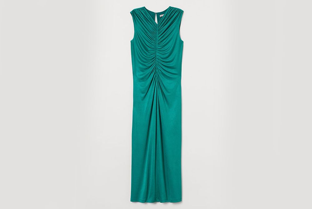 H&M brand emerald green dress made of 91% cellulose acetate Eastman Naia™ 