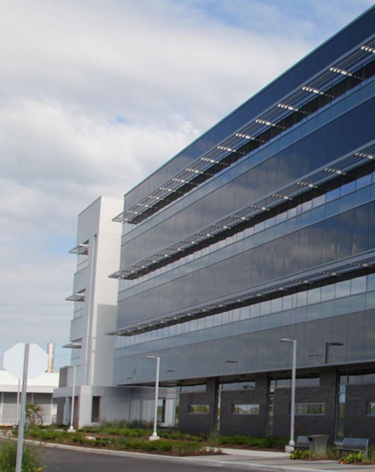 Contemporary office buildings with reflective glass facades. 